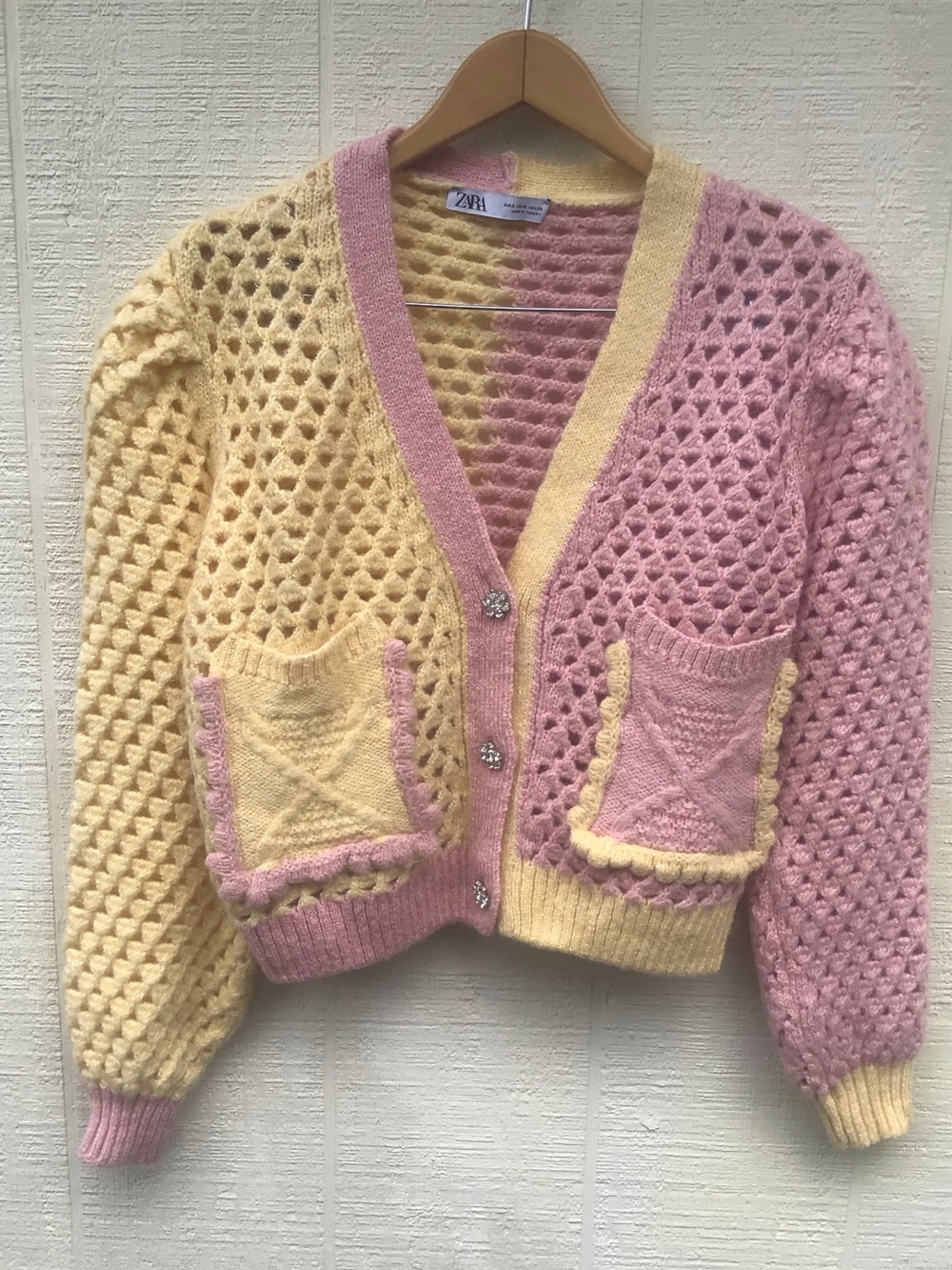 Zara pink yellow knit oversized jewel rhinestone button kawaii pastel cardigan